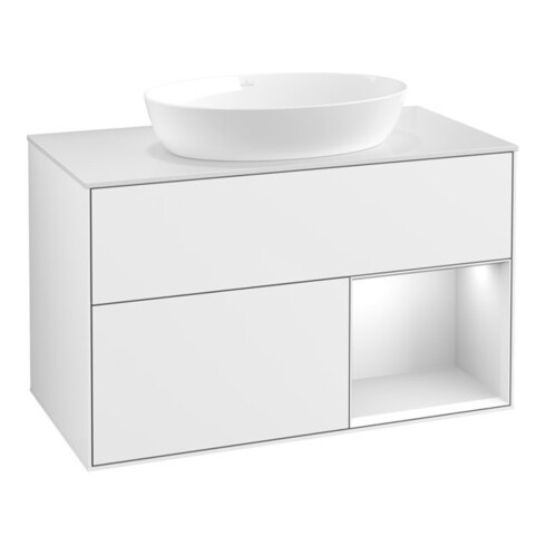 V&B Waschtischunterschrank Wandbeleuchtung Finion 100, Pl w m, Reg wh. m Lac, glo wh. Lac
