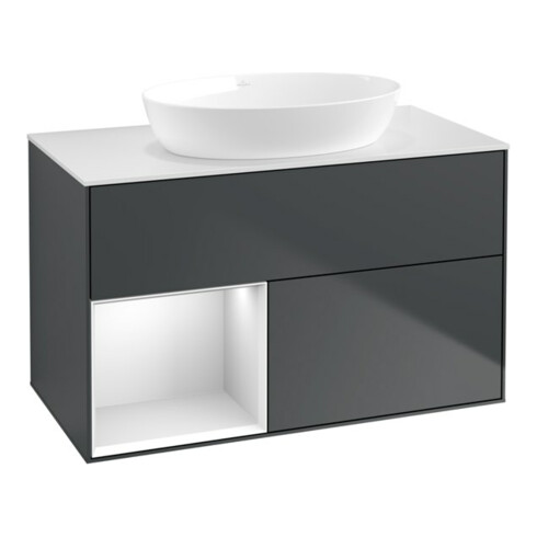 V&B Waschtischunterschrank Wandbeleuchtung Finion 100, Pl w m, Reg wh. m Lac, md bl. m Lac