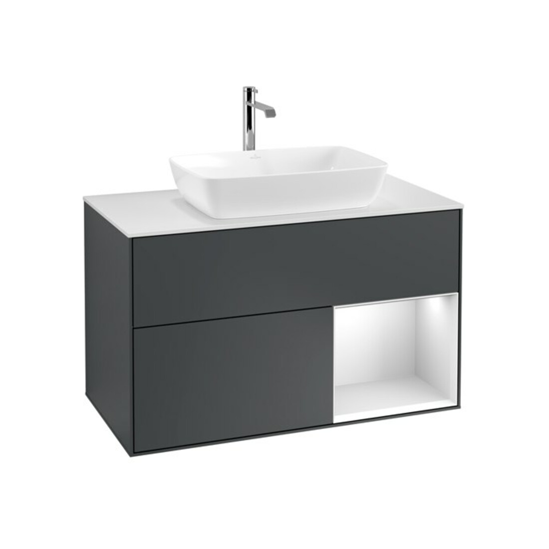V&B Waschtischunterschrank Wandbeleuchtung Finion 100, Pl w m, Reg wh. m Lac, md bl. m Lac