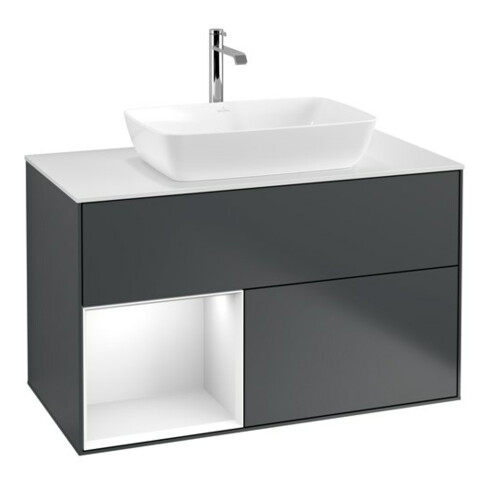V&B Waschtischunterschrank Wandbeleuchtung Finion 100, Pl w m, Rg g wh. Lac, md bl. m Lac