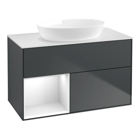 V&B Waschtischunterschrank Wandbeleuchtung Finion 100, Pl w m, Rg g wh. Lac, md bl. m Lac