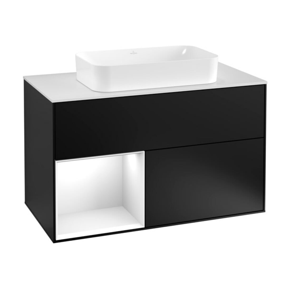 V&B Waschtischunterschrank Wandbeleuchtung Finion 100, Pl w m, Rg l glo wh. Lac, bla m Lac