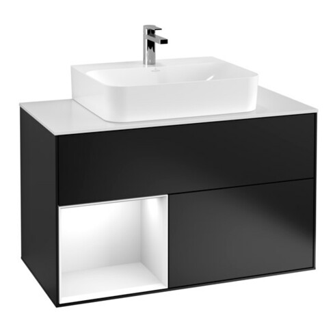 V&B Waschtischunterschrank Wandbeleuchtung Finion 100, Pl w m, Rg l glo wh. Lac, bla m Lac