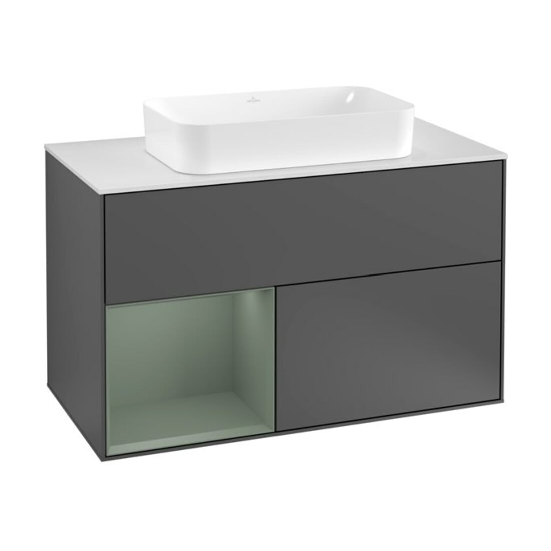 V&B Waschtischunterschrank Wandbeleuchtung Finion 100, Pl w m, Rg l Oli. m Lac, Anthrac. m