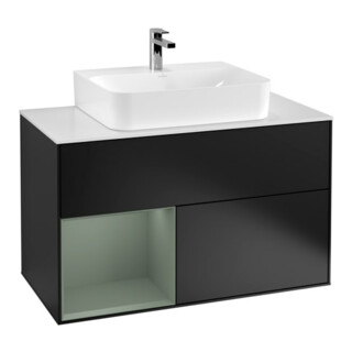V&B Waschtischunterschrank Wandbeleuchtung Finion 100, Pl w m, Rg li Oli. m Lac, bla m Lac