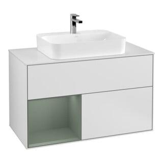V&B Waschtischunterschrank Wandbeleuchtung Finion 100, Pl w m, Rg li Oli. m Lac, wh. m Lac