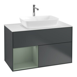 V&B Waschtischunterschrank Wandbeleuchtung Finion 100, Pl w m, Rg Oli. m Lac, md bl. m Lac