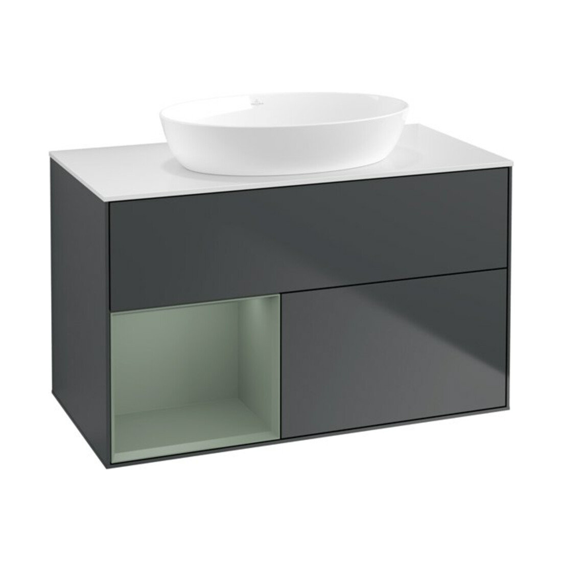 V&B Waschtischunterschrank Wandbeleuchtung Finion 100, Pl w m, Rg Oli. m Lac, md bl. m Lac