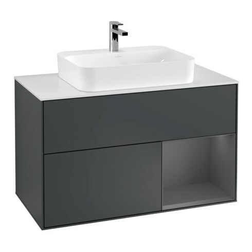 V&B Waschtischunterschrank Wandbeleuchtung Finion 100, Pl w m, Rg r A m, md bl. m Lac