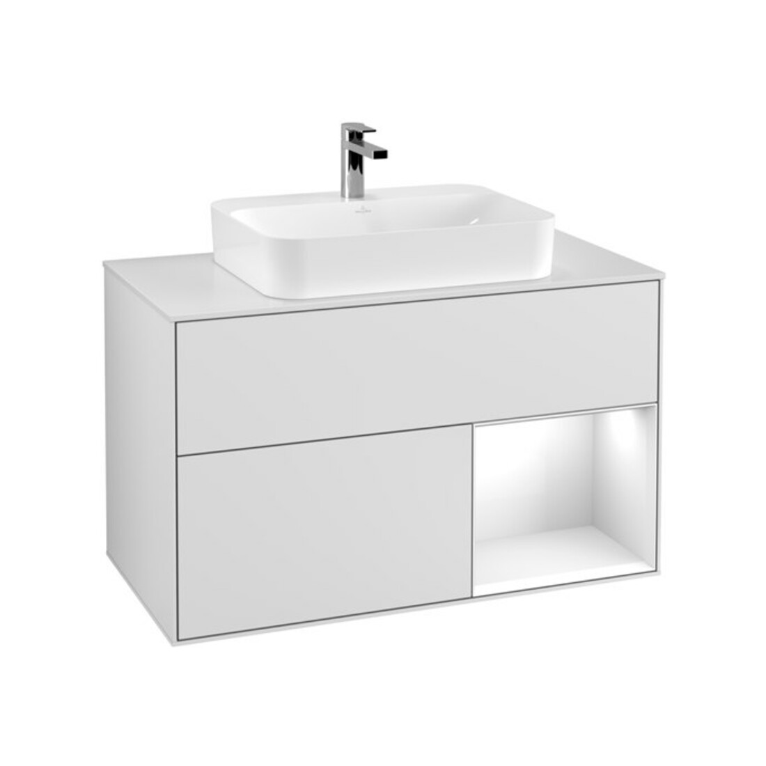 V&B Waschtischunterschrank Wandbeleuchtung Finion 100, Pl w m, Rg r glo wh. Lac, wh. m Lac