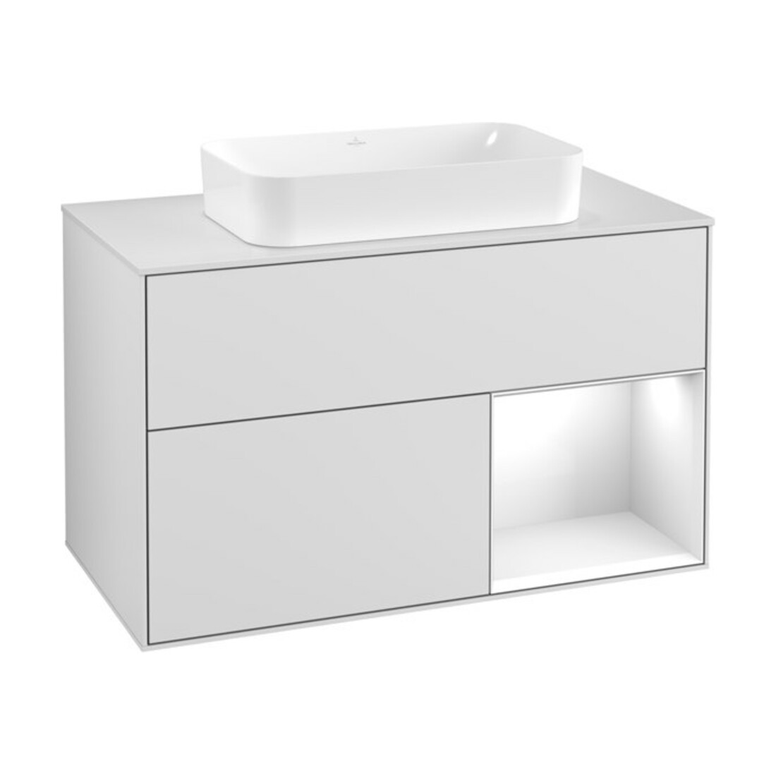 V&B Waschtischunterschrank Wandbeleuchtung Finion 100, Pl w m, Rg r glo wh. Lac, wh. m Lac