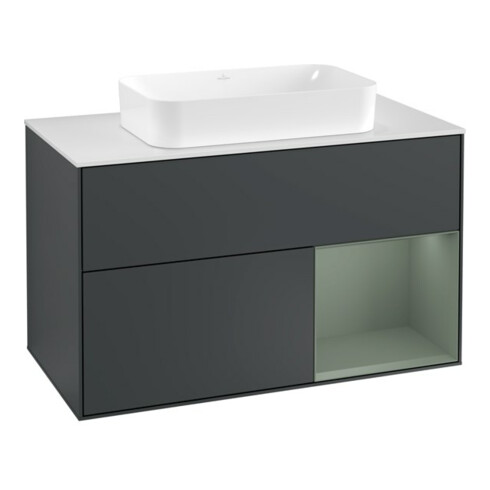 V&B Waschtischunterschrank Wandbeleuchtung Finion 100, Pl w m, Rg r Ol m Lac, md bl. m Lac
