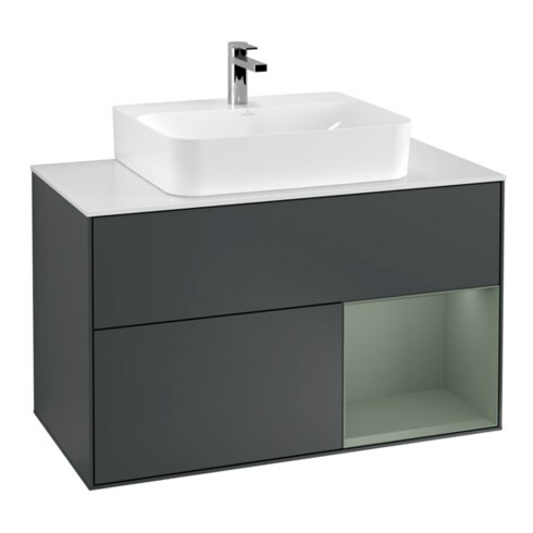 V&B Waschtischunterschrank Wandbeleuchtung Finion 100, Pl w m, Rg r Ol m Lac, md bl. m Lac