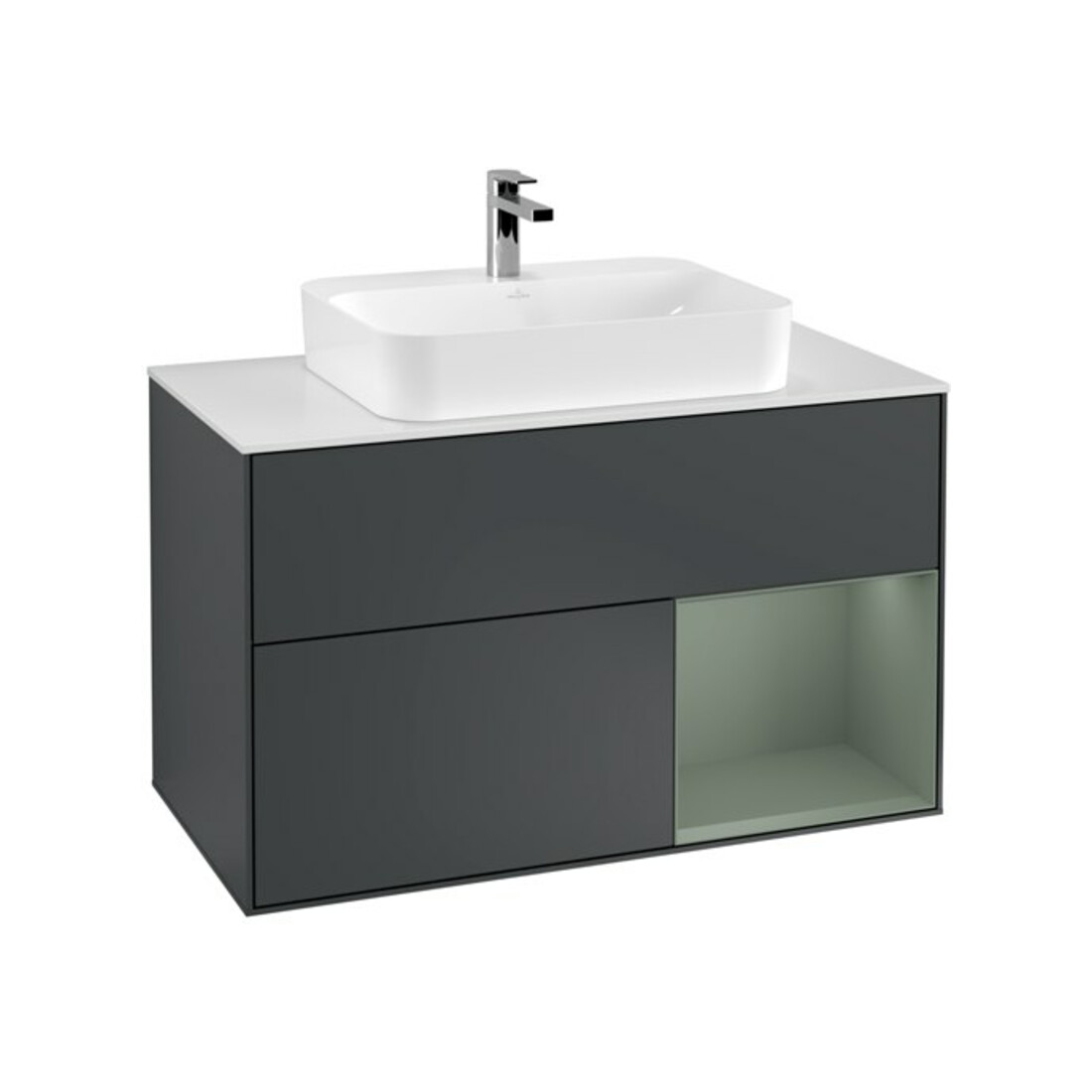 V&B Waschtischunterschrank Wandbeleuchtung Finion 100, Pl w m, Rg r Ol m Lac, md bl. m Lac