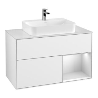 V&B Waschtischunterschrank Wandbeleuchtung Finion 100, Pl w m, Rg r wh. m Lac, glo wh. Lac