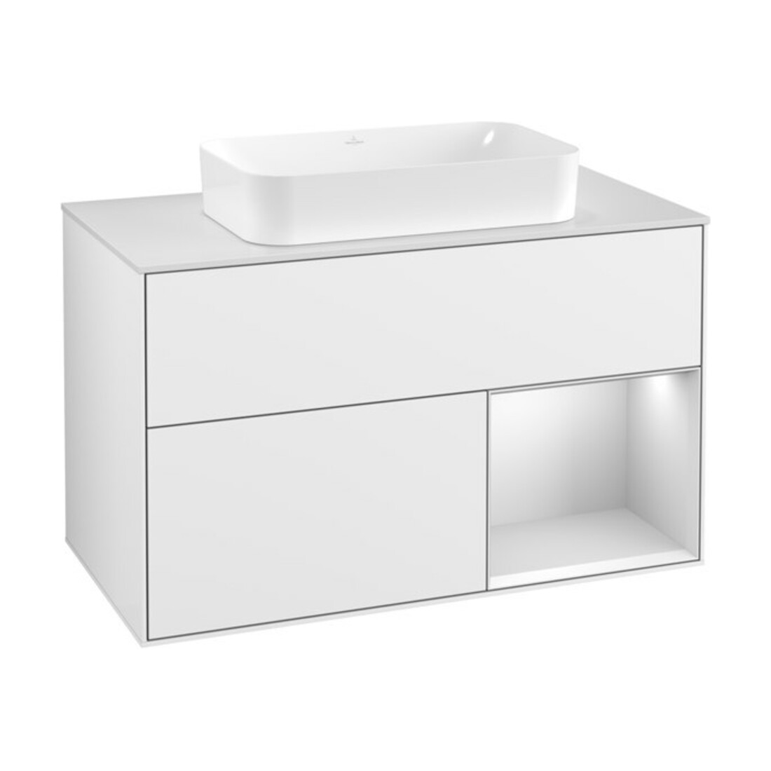 V&B Waschtischunterschrank Wandbeleuchtung Finion 100, Pl w m, Rg r wh. m Lac, glo wh. Lac
