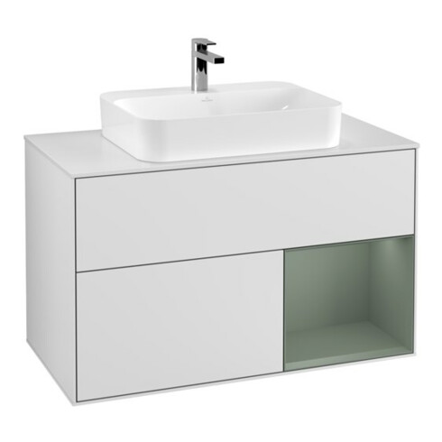 V&B Waschtischunterschrank Wandbeleuchtung Finion 100, Pl w m, Rg re Oli. m Lac, wh. m Lac