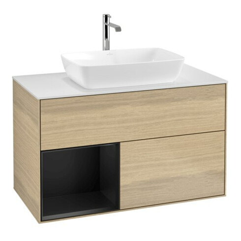 V&B Waschtischunterschrank Wandbeleuchtung Finion 100, Pl wh. m, Reg bla m Lac, Oa ven
