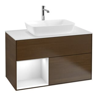 V&B Waschtischunterschrank Wandbeleuchtung Finion 100, Pl wh. m, Reg glo wh. Lac, wal ven