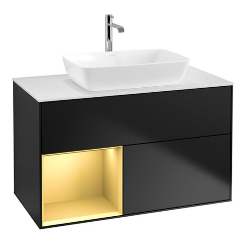 V&B Waschtischunterschrank Wandbeleuchtung Finion 100, Pl wh. m, Reg gol m Lac, bla m Lac