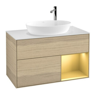 V&B Waschtischunterschrank Wandbeleuchtung Finion 100, Pl wh. m, Reg gol m Lac, Oa ven