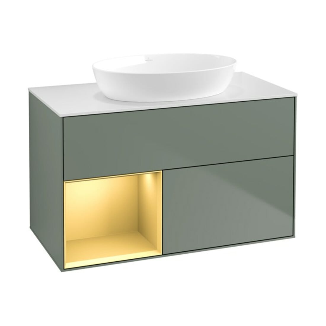 V&B Waschtischunterschrank Wandbeleuchtung Finion 100, Pl wh. m, Reg gol m Lac, Oli. m Lac