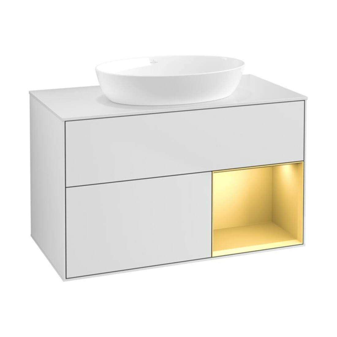 V&B Waschtischunterschrank Wandbeleuchtung Finion 100, Pl wh. m, Reg gol m Lac, wh. m Lac