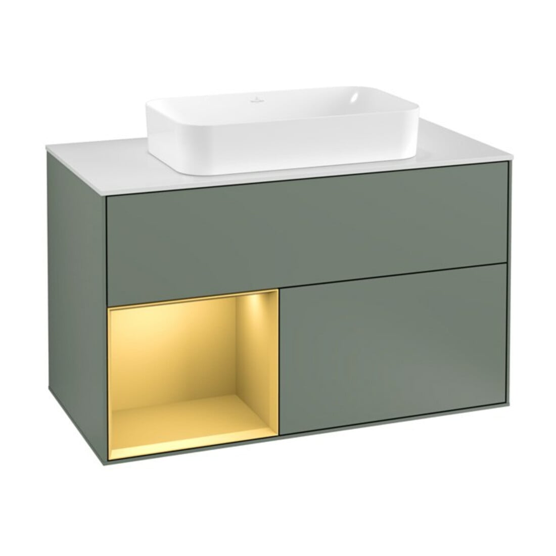 V&B Waschtischunterschrank Wandbeleuchtung Finion 100, Pl wh. m, Reg li gol m, Oli. m Lac