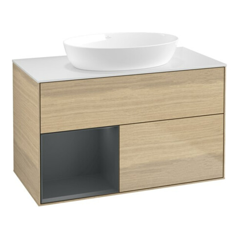 V&B Waschtischunterschrank Wandbeleuchtung Finion 100, Pl wh. m, Reg md m Lac, Oa ven