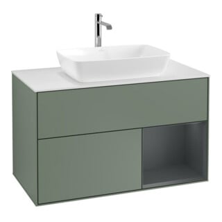 V&B Waschtischunterschrank Wandbeleuchtung Finion 100, Pl wh. m, Reg md m Lac, Oli. m Lac