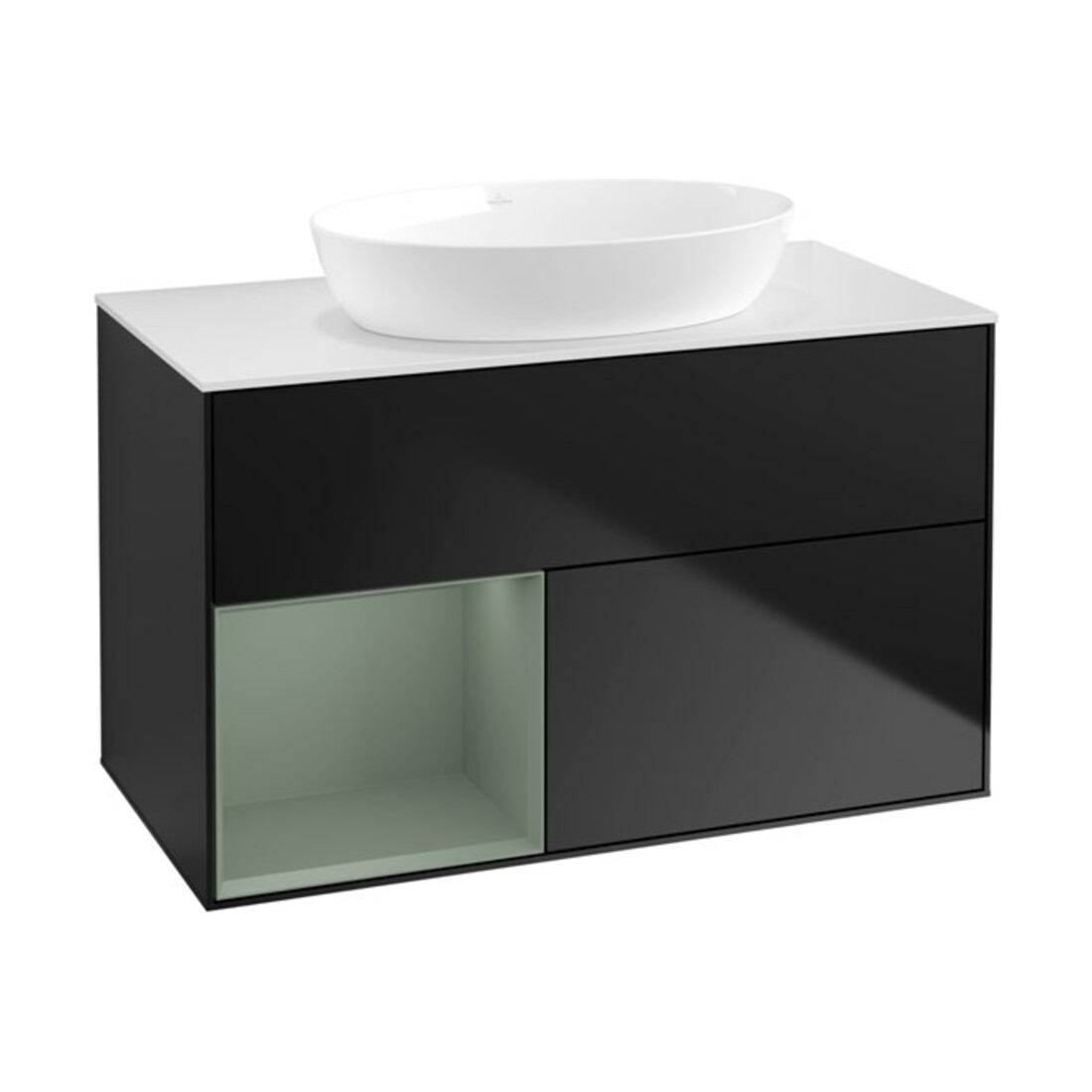 V&B Waschtischunterschrank Wandbeleuchtung Finion 100, Pl wh. m, Reg Oli. m Lac, bla m Lac