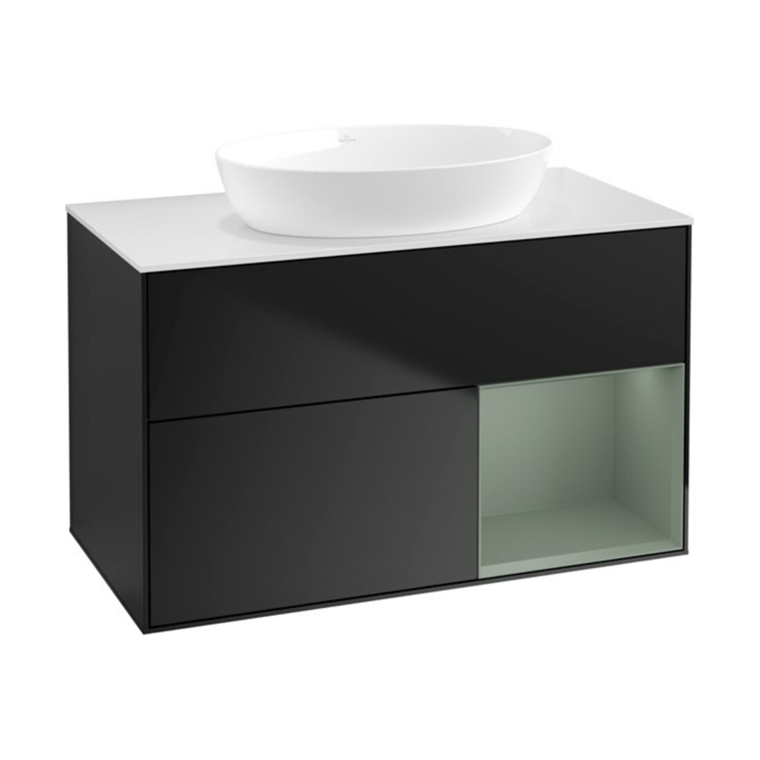 V&B Waschtischunterschrank Wandbeleuchtung Finion 100, Pl wh. m, Reg Oli. m Lac, bla m Lac