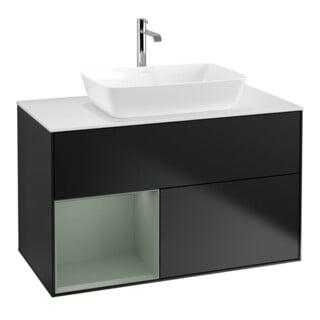 V&B Waschtischunterschrank Wandbeleuchtung Finion 100, Pl wh. m, Reg Oli. m Lac, bla m Lac