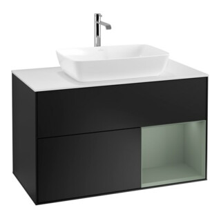 V&B Waschtischunterschrank Wandbeleuchtung Finion 100, Pl wh. m, Reg Oli. m Lac, bla m Lac