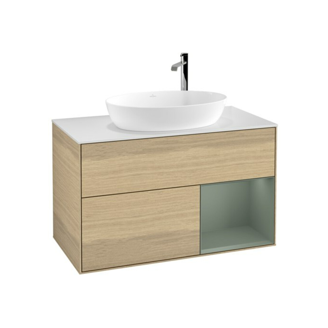 V&B Waschtischunterschrank Wandbeleuchtung Finion 100, Pl wh. m, Reg Oli. m Lac, Oa ven