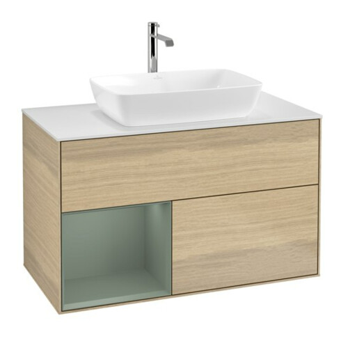 V&B Waschtischunterschrank Wandbeleuchtung Finion 100, Pl wh. m, Reg Oli. m Lac, Oa ven