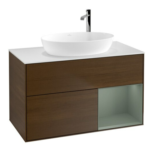 V&B Waschtischunterschrank Wandbeleuchtung Finion 100, Pl wh. m, Reg Oli. m Lac, wal ven