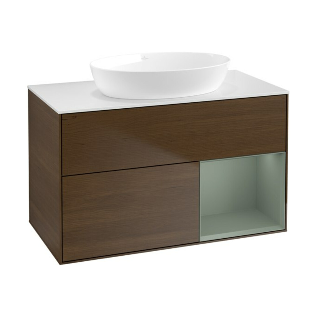V&B Waschtischunterschrank Wandbeleuchtung Finion 100, Pl wh. m, Reg Oli. m Lac, wal ven