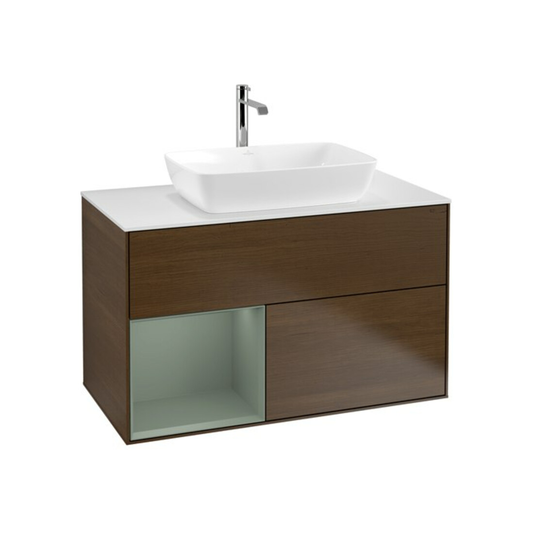 V&B Waschtischunterschrank Wandbeleuchtung Finion 100, Pl wh. m, Reg Oli. m Lac, wal ven