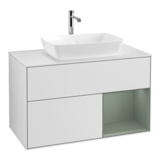 V&B Waschtischunterschrank Wandbeleuchtung Finion 100, Pl wh. m, Reg Oli. m Lac, wh. m Lac