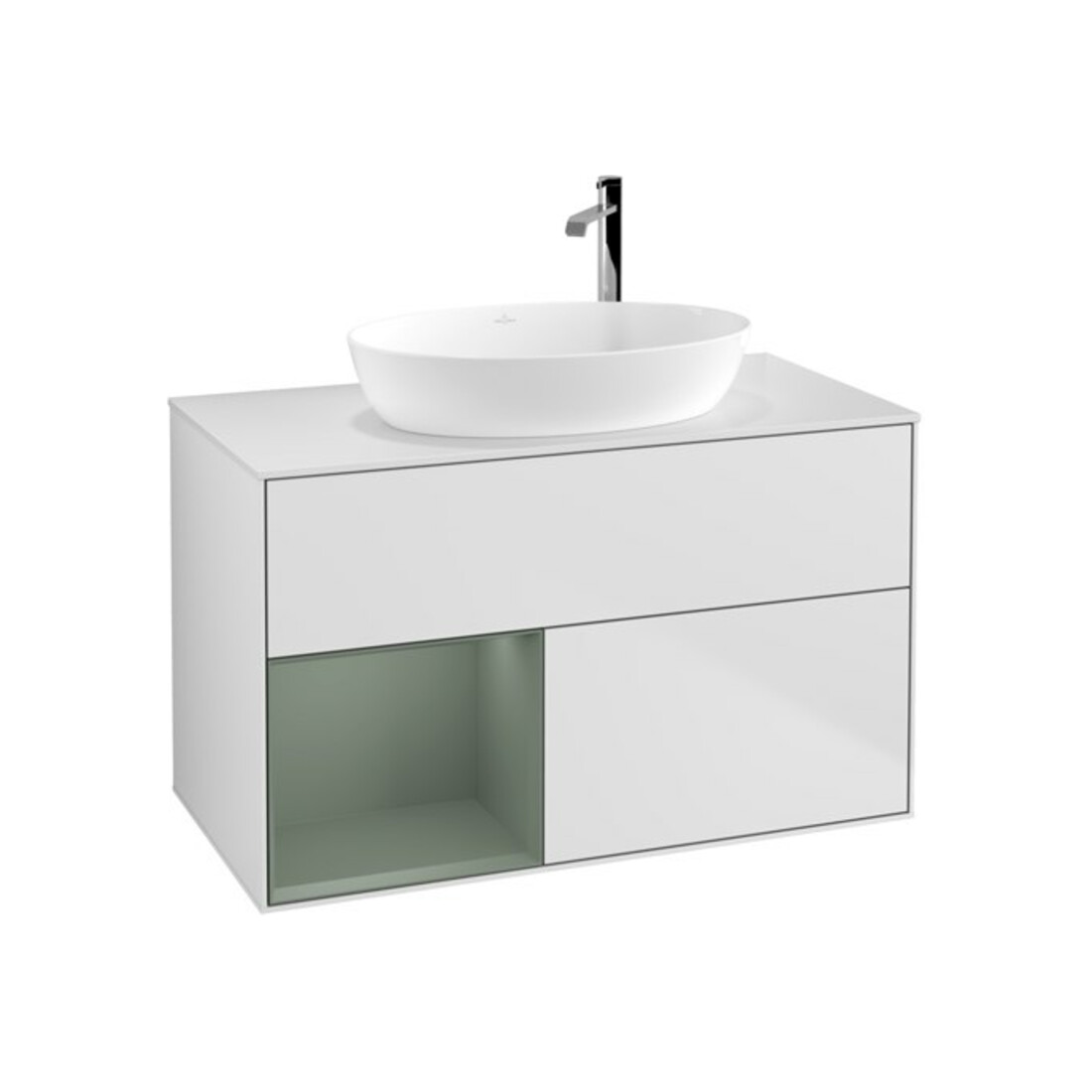 V&B Waschtischunterschrank Wandbeleuchtung Finion 100, Pl wh. m, Reg Oli. m Lac, wh. m Lac