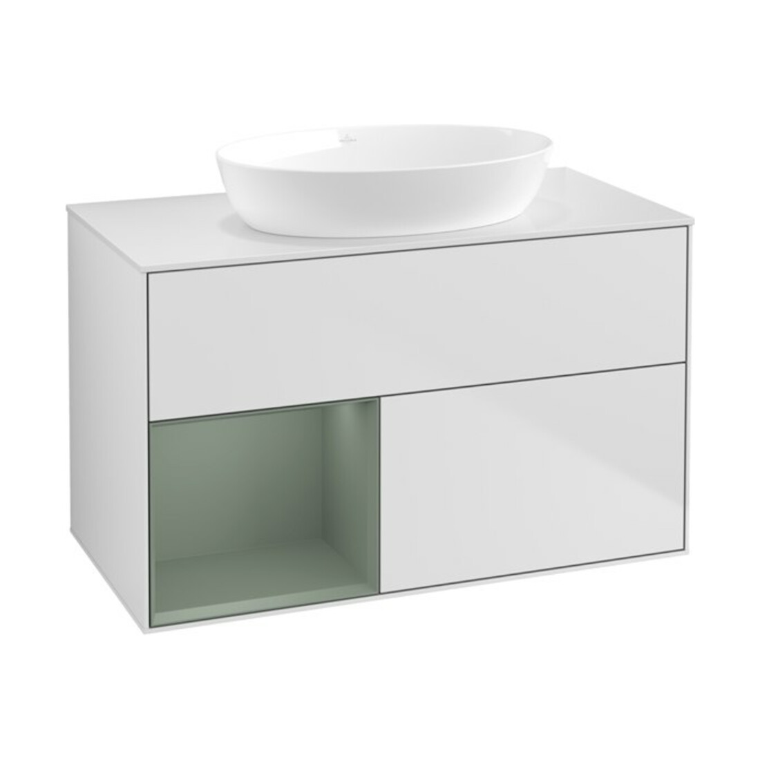 V&B Waschtischunterschrank Wandbeleuchtung Finion 100, Pl wh. m, Reg Oli. m Lac, wh. m Lac