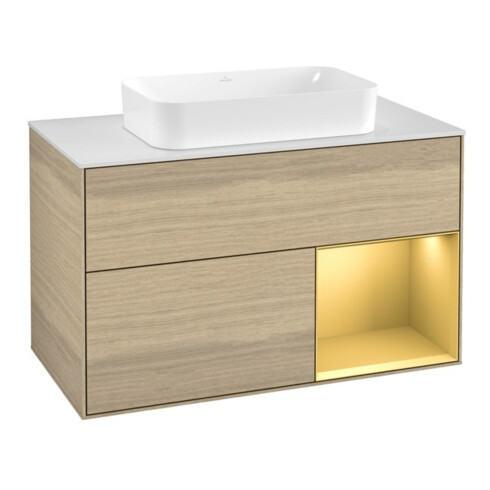 V&B Waschtischunterschrank Wandbeleuchtung Finion 100, Pl wh. m, Reg re gol m, Oa ven