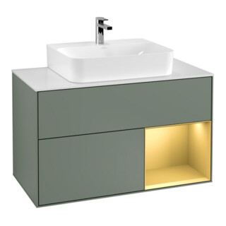 V&B Waschtischunterschrank Wandbeleuchtung Finion 100, Pl wh. m, Reg re gol m, Oli. m Lac