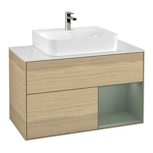V&B Waschtischunterschrank Wandbeleuchtung Finion 100, Pl wh. m, Reg re Oli. m Lac, Oa ven