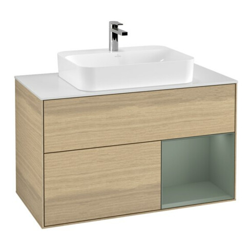 V&B Waschtischunterschrank Wandbeleuchtung Finion 100, Pl wh. m, Reg re Oli. m Lac, Oa ven