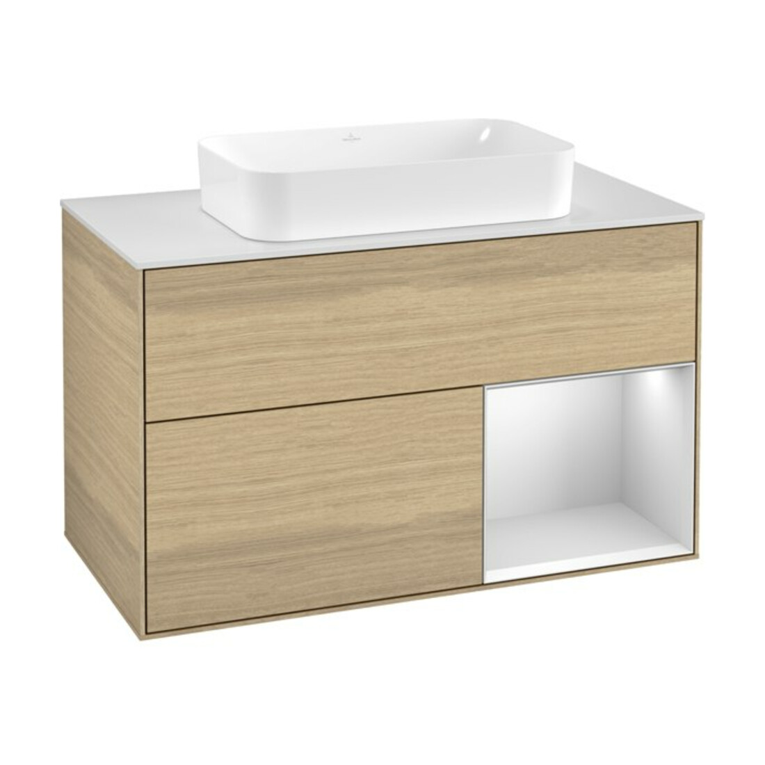 V&B Waschtischunterschrank Wandbeleuchtung Finion 100, Pl wh. m, Reg re wh. m Lac, Oa ven