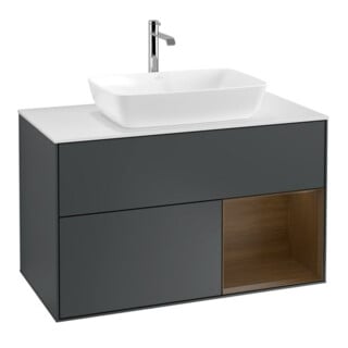 V&B Waschtischunterschrank Wandbeleuchtung Finion 100, Pl wh. m, Reg wal ven, md bl. m Lac