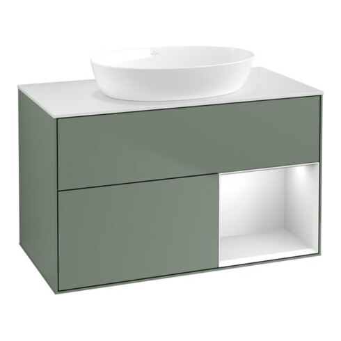 V&B Waschtischunterschrank Wandbeleuchtung Finion 100, Pl wh. m, Reg wh. m Lac, Oli. m Lac