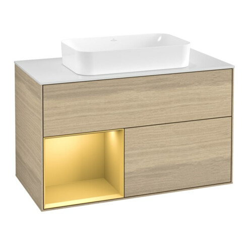 V&B Waschtischunterschrank Wandbeleuchtung Finion 100x60,3 cm, Reg li gol matt, Oak Veneer